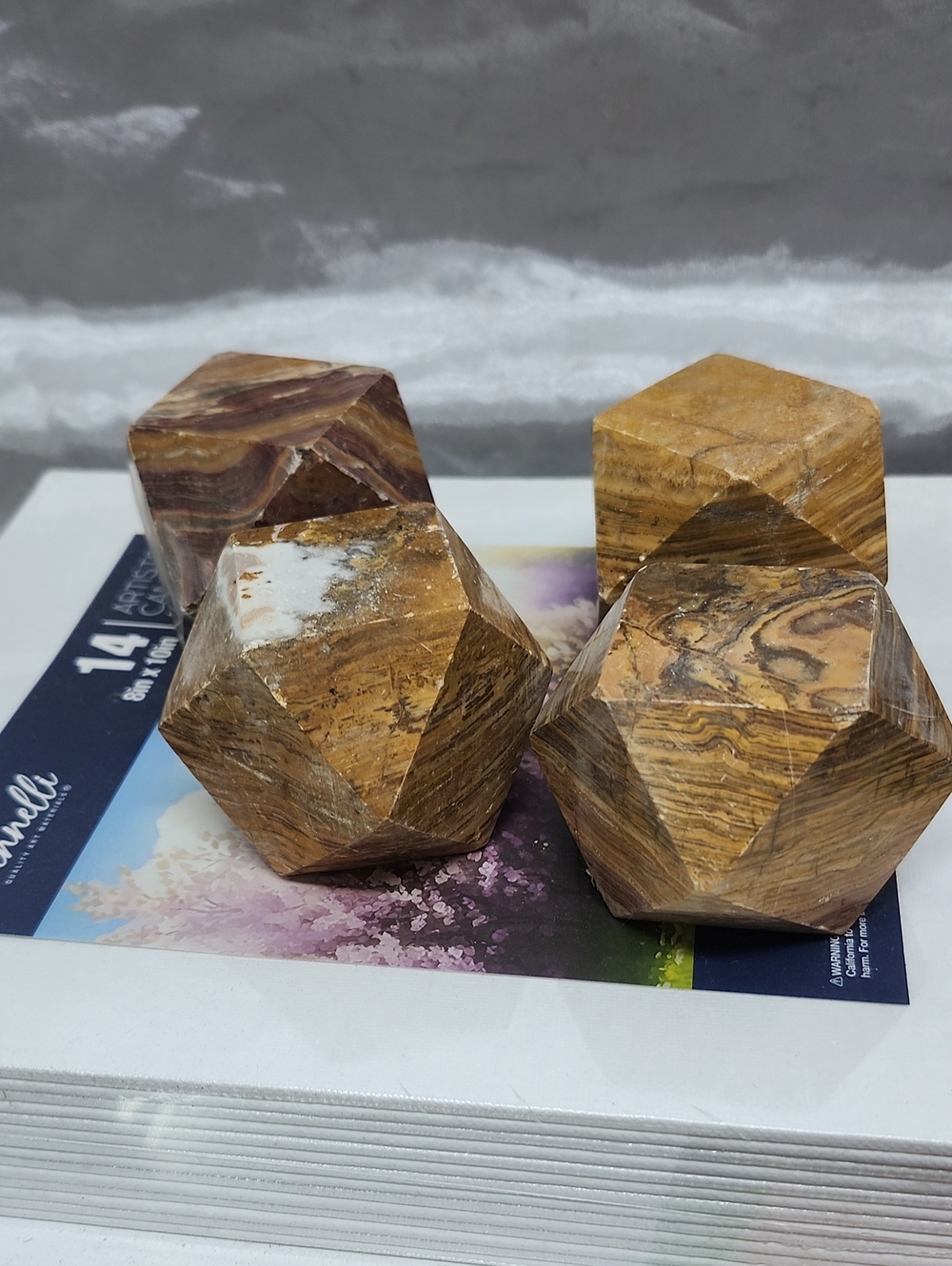 4 Carved unpolished Jasper Geometric Stones - 14 Sided Cubes